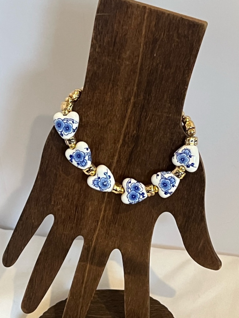 Blue & White Heart Bead Bracelet with Gold Accents